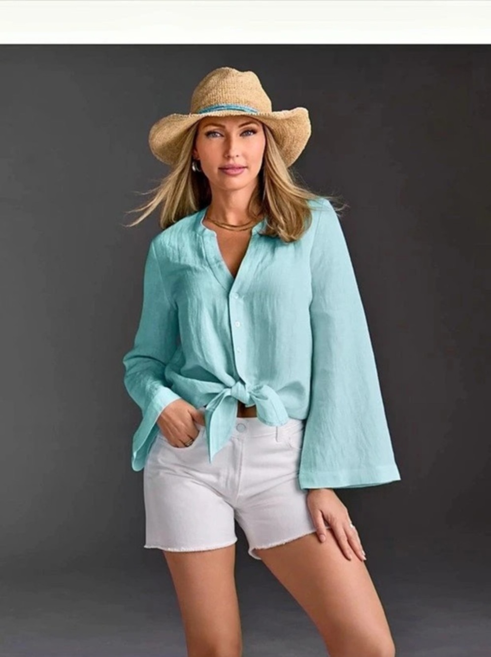 Boston Proper Linen Flare Sleeve Tie Front Shirt Blue XS